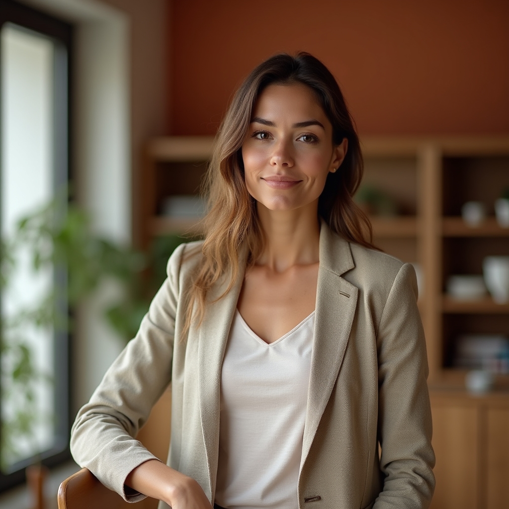 Facilitator al cursului de productivitate personală, într-un birou luminos, pregătit pentru o sesiune online