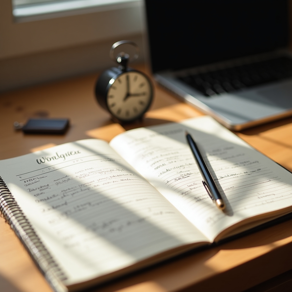 Spațiu de lucru minimalist cu notițe scrise de mână și un ceas pe birou