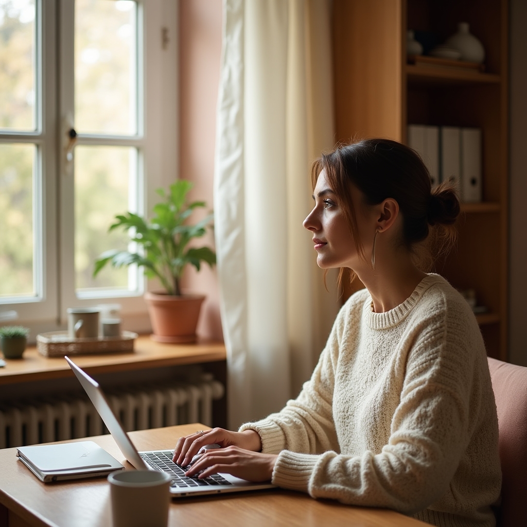 Freelancer lucrând la un birou de acasă amenajat lângă o fereastră luminoasă
