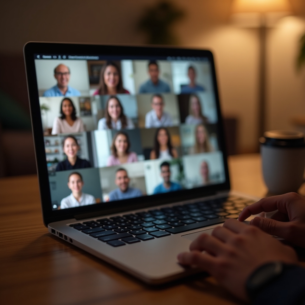 Ecran de laptop cu o sesiune online în grup, cu participanți vizibili în miniaturi video