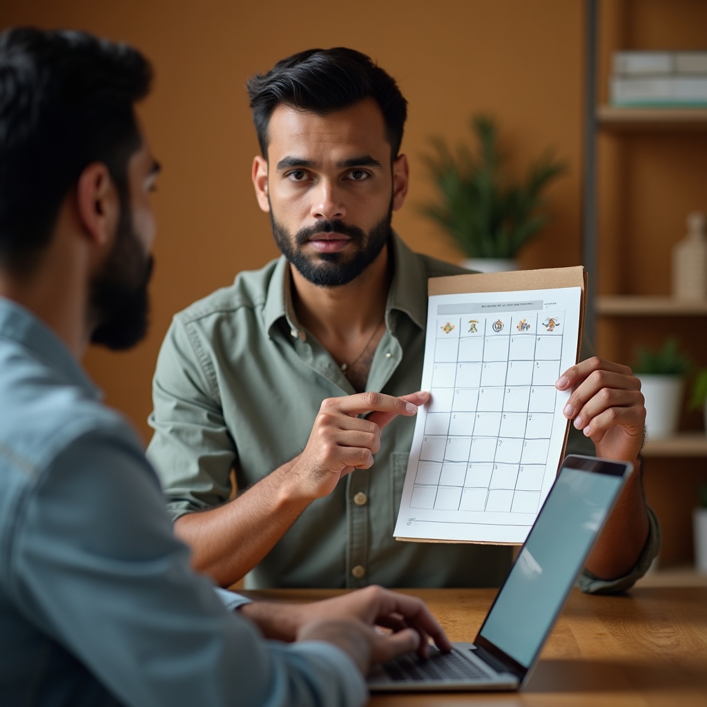 Facilitator arătând un exemplu de calendar completat, în timpul unei sesiuni online despre rutină